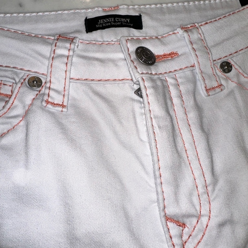 NWT True Religion Jennie Curvy Mid Rise Super Skinny White with Orange Size 31 - Picture 11 of 12